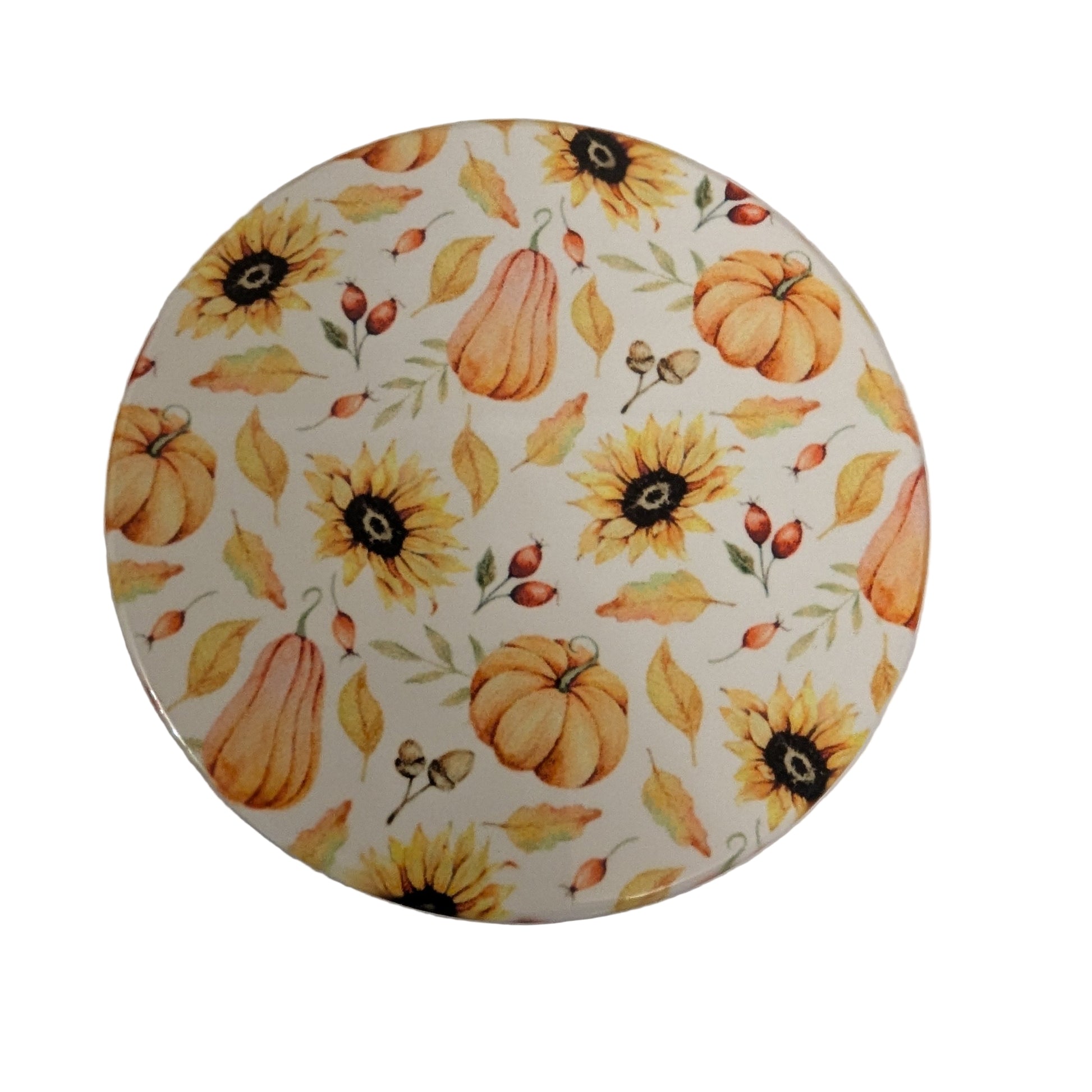 Round lid with autumnal design featuring pumpkins and sunflowers.