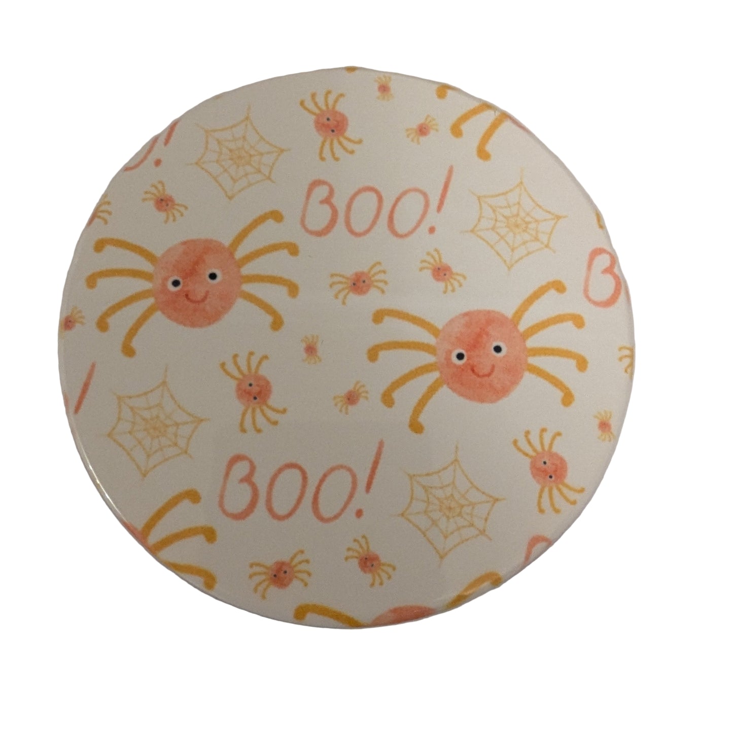 Circular paper with spider designs and 'BOO!' 